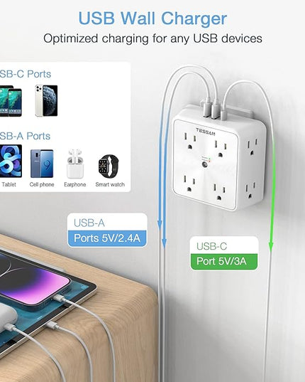 Surge Protector 8 Outlet Extender, TESSAN Multi Outlet Splitter with 3 USB Wall Charger (1 USB C), 3-Sided Multiple Plug Power Strip 1700J, Charging Station for Home Office Dorm Room Essentials