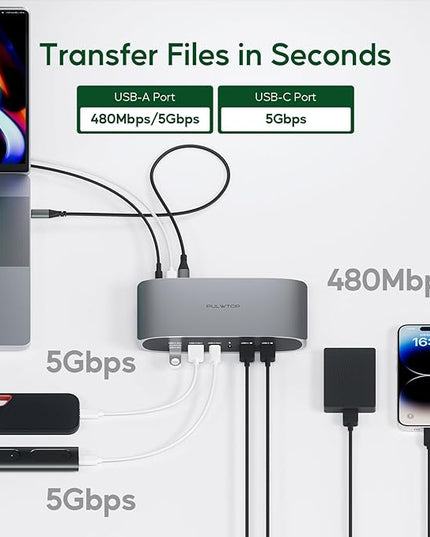 PULWTOP Displaylink Docking Station, Triple Display DisplayLink Dock for MacBook M1/M2/M3 Windows, 4K@60Hz Laptop Docking Station with 2 HDMI, 2 Display Port, PD, USB C Data, 4 USBA, Ethernet, Audio