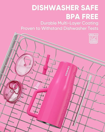KISSKIND 40 oz Lumispin Tumbler with Handle and Hidden Straw, 100% Leak Proof Water Cup with Handle, Insulated Water Bottle for Travel, Mom, Nurse, Teacher, Student, Neon Pink