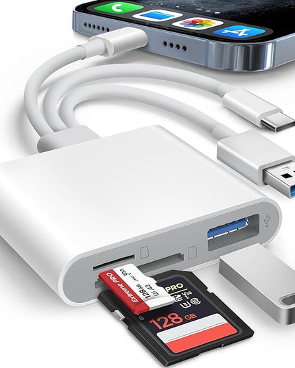 SD Card Reader for iPhone iPad Mac Trail Game Camera Viewer Built-in 3-in-1 Connector (Lightening, USB-C and USB-A) with SD MicroSD USB-A 3 Slots, Portable No App Required Plug & Play - White