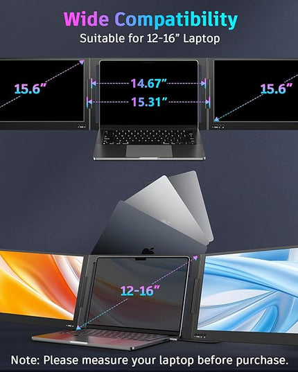 QQH Laptop Screen Extender, 15.6” Triple Portable Monitor for Laptop with Ultra-Slim FHD IPS Display, USB-C Plug and Play Extended Screen Compatible with MacOS, Windows, Android for 12-16" Laptops