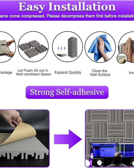 TroyStudio Self-adhesive Acoustic Foam Panels, 12 X 12 X 2 Inches 18 Pcs Broadband Sound Absorbing Foam, Dense Soundproof Padding Tile, Recording Studio Foam Absorber, Groove Decorative Wall Panel
