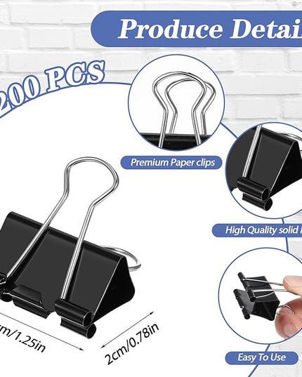 200 Pcs Medium Binder Clips Paper Clips Office Supplies Paper Clamps for Teachers Students School Office Business Paperwork Supplies (Black, 1.25 Inch)
