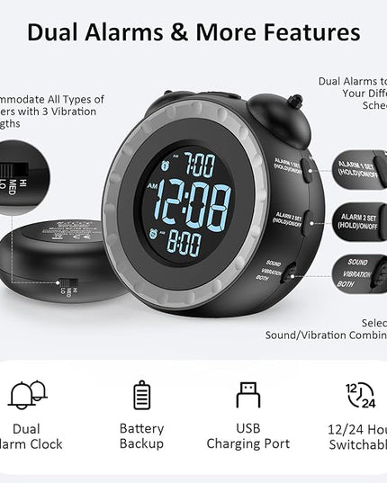 uscce Loud Dual Alarm Clock with Bed Shaker - 0-100% Dimmer, Vibrating Alarm Clock for Heavy Sleepers or Hearing Impaired, Easy to Set, USB Charging Port, Snooze, Battery Backup