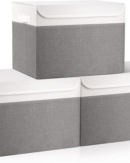 Large 17" 42 Quarts Collapsible Stackable Storage Bins with Lids [3-Pack] Foldable Fabric Linen Storage Boxes Cube, Closet Organizer Baskets with Label (16.7 x 12 x 12, Gray & White)