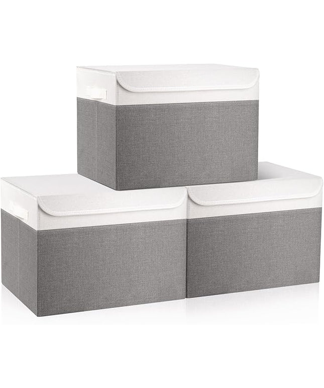 Large 17" 42 Quarts Collapsible Stackable Storage Bins with Lids [3-Pack] Foldable Fabric Linen Storage Boxes Cube, Closet Organizer Baskets with Label (16.7 x 12 x 12, Gray & White)