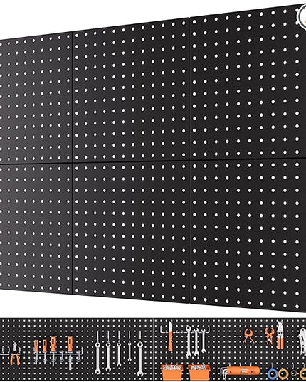 INCLY 6 Pack 12"x12" Black Metal Pegboard Panels, Heavy Duty Pegboard Wall Organizer with Frame, Black Peg Board for Walls, Garage, Workbench, Shed, Kitchen, Craft Room Tool Organization