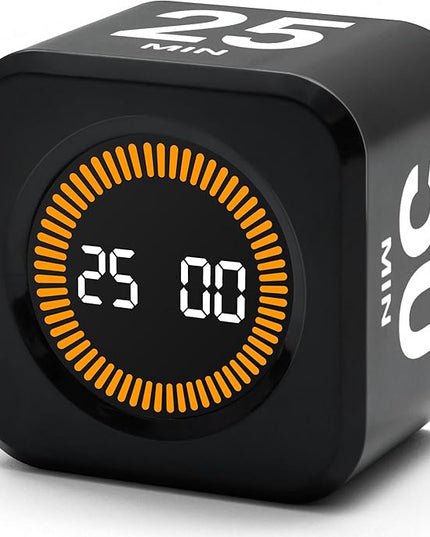 Exlliy Rotating Productivity Timer 5, 25, 10, 50 Minutes Preset, Desk Cube w/Gravity Sensor for ADHD, Mute Functions, Ideal for Work, Study, Kitchen, Back to School (1, Black)