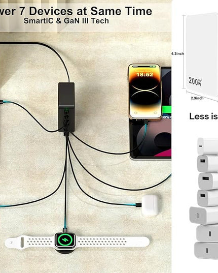 USB C Charger Block 200W 7 Port GaN Fast Charging Block Station, Multiport PD QC3.0 Brick Hub Compatible with Laptop MacBook Pro/Air, iPad, iPhone 17/16/15, Galaxy S23/22, DELL, Steam Deck(White)
