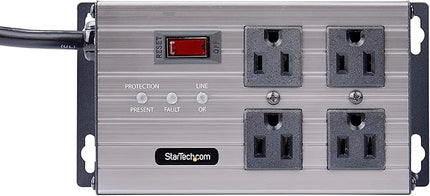 StarTech.com Flat Plug 4-Outlet Heavy Duty Industrial Power Strip 125V/15A with Surge Protector, EMI/RFI Isolation, Mountable PDU, 8ft/2.4m Extension Power Cord, NEMA 5-15P/R, TAA