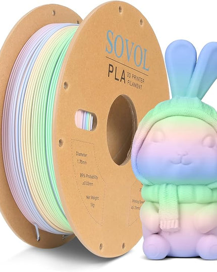 Sovol 3D Printer Matte Multicolored Fast Change Rainbow PLA 1kg (2.2 lbs) Spool 3D Printing Materials, Dimensional Accuracy +/- 0.03 mm, 1.75 mm, Matte Macaron Rainbow