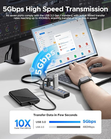ORICO 7-Port USB 3.0 Hub, Aluminum USB Multiple Adapter, 5Gbps USB Extender USB Splitter with 3.28Ft Cable, UBS-A Hub Long Cable for Desktop, PC, Flash Drive, Mobile HDD, Windows/XPS