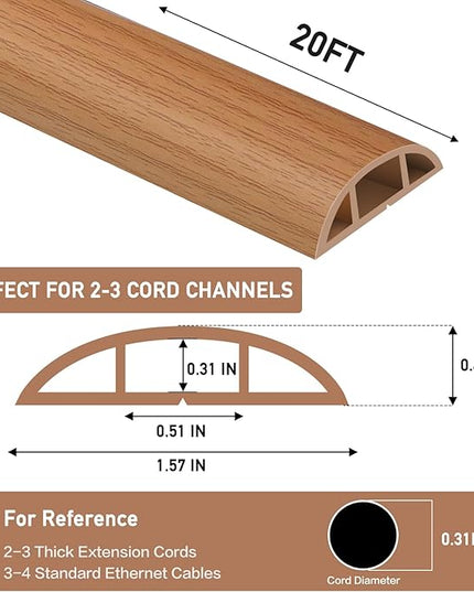 Floor Cord Cover Self Adhesive Cord Hider Floor Extension Cord Covers for Floor Power Cord Protector Cable Management Prevent Cable Trips Cable Cavity 0.51" W x 0.31" H (Light Brown Wood, 20Ft)