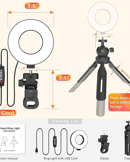 Ring Light with Tripod and Clamp, [3 Color, 5 Brightness & Timer] USB Plug Clip On Lights for Laptop Working Distance Learning Zoom Call Self Broadcasting Live Streaming Video Conference Lighting