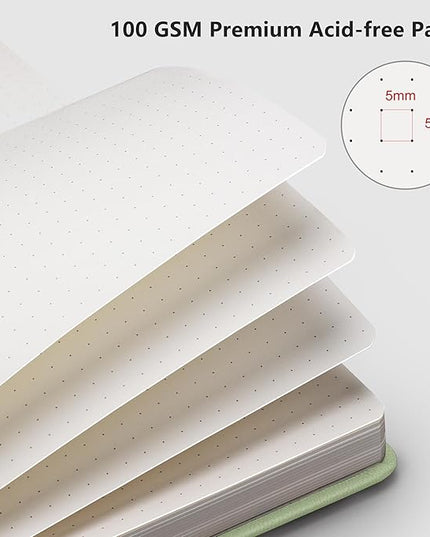RETTACY Bullet Dotted Journal Notebook, 192 Pages, A5 Medium Size (5.7'' x 8.3''), Leather Hardcover, 100 GSM Thick Paper, for Bullet Journaling, Planning, Tracking (Light Green)