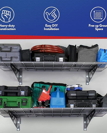 SafeRacks Garage Wall Shelves - 2-Pack 18"x36" Mountable Shelving Units for The Garage, Pantry or Utility Closet, Heavy Duty Steel Shelf with Bike Accessory Hooks, 500lb Capacity, Color: Hammertone