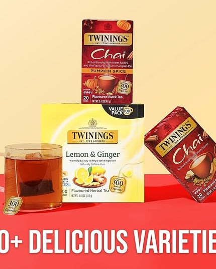 Twinings Pumpkin Spice Chai Black Tea Individually Wrapped Bags, 20 Count (Pack of 1), Warm, Spicy & Aromatic, Caffeinated, Enjoy Hot or Iced, 20 Teabags