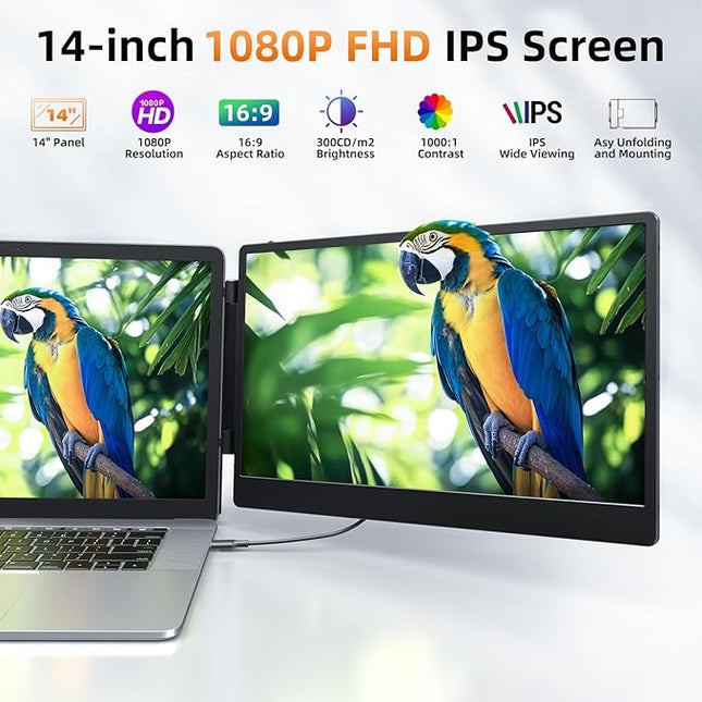 ZUMWALT Laptop Screen Extender, 14" Triple Portable Monitor for Laptop, 1080P FHD Screen Extender Monitors for 13"-16.5", Monitor Extender for MacOS/Windows/Chrome (Built-in Speakers)
