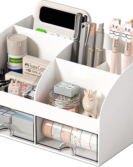 COMFYROOM Desk Organizer with 6 Compartments and 2 Drawers, Plastic Makeup Organizer, Pen Holder for Desktop Storage, Desk Organization for School, Home, Office Supplies (White)