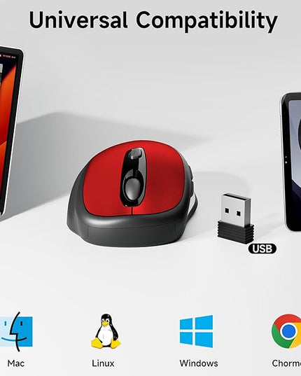 memzuoix Wireless Mouse, 2.4GHz Nano Receiver, 3 DPI Levels (800/1200/1600), 6 Buttons, Compatible with PC/Mac/Laptop - Red