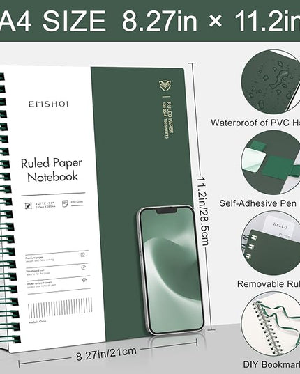 EMSHOI Lined Journal A4 Spiral Notebook, College Ruled Notebook, 300 Pages/150 Sheets, 100gsm Acid-Free Paper, Waterproof Softcover Notebook for School, Work, Writing, 8.27" × 11.2" - Dark Green