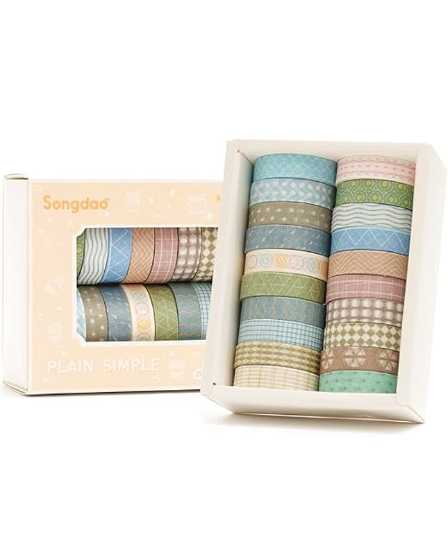 Songdao 20 Rolls Basic Washi Tape Set Japanese Arts Adhesive Tapes Simple Patterns Decorative Masking Tape Sets for Craft, Kids, Scrapbook, DIY, Gift Wrapping (Style Four)
