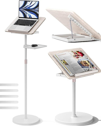 2 in 1 Adjustable Book Stand - Dual-Use Floor and Desktop Book Holder Stand, Height Adjustable 23.5-52 in, Elastic Page Clips for Music Sheet, Recipe, Tablet, Laptop-White