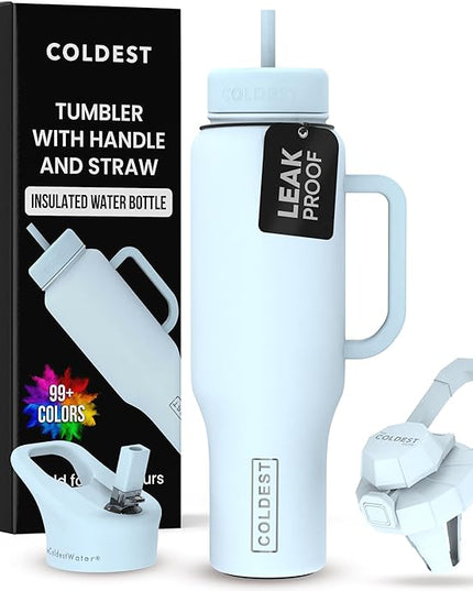 Coldest Tumbler with Handle and Straw - 100% Leak Proof Insulated Tumbler with Lid and Straw (3 Lids) - Stainless Steel Tumblers for Women & Men - Cup Holder Friendly Base, 46 oz (Morning Mist)
