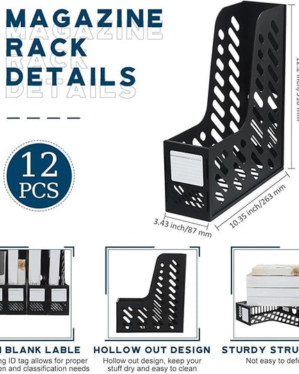 Glenmal 12 Pack Magazine Organizers Binder Organizer for Desk Plastic Vertical File Holder Magazine Racks Desk Accessories for Office, Home, or School (Black)