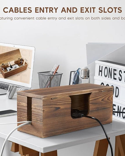 Large Cable Management Box - Burnt Wood Cable Organizer Box and Power Strip Box for Electrical Cord Management - Hide Desk Cord and Floor Cables - Wire Storage and Organization for Cords