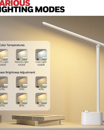 Honeywell LED Desk Lamp with USB Charging Ports - Sunturalux™ HWT-H01 Stepless Dimmable Eye Caring Table Lamp for College Dorm Home Office, Foldable Small Bedside Lamp for Bedroom with Base White