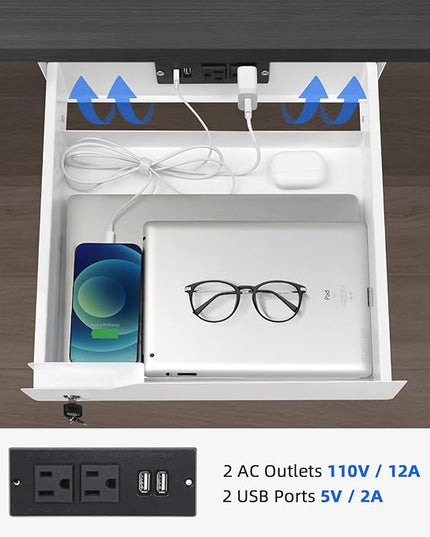 Lumil Under Desk Mounted Drawer Lockable with 3 Prong Extension Cord 10 FT with Multiple Outlets and Foldable Cable Management Arm for Office Desk 15.7" (W) x 15.7" (D) x 4.4" (H), White