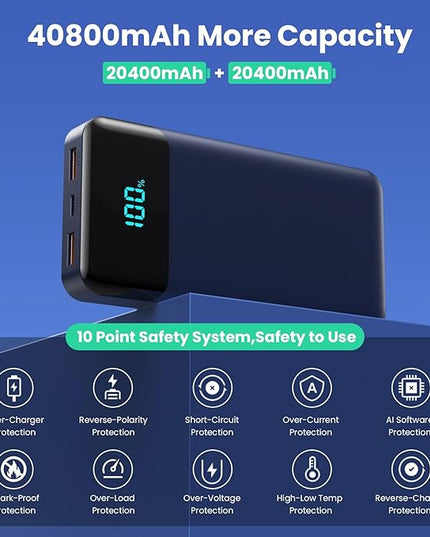 Portable Charger 40800mAh Power Bank with 3 Built-in Cable,PD 25W USB C in&Out Power Bank Fast Phone Charging,QC4.0 5 Output Travel Camping Essential Battery Pack for iPhone 17/16,Samsung Android-Navy