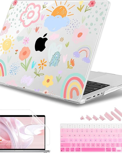 May Chen Case for MacBook Pro 14 inch, Models A2442 A2779 A2918 A2992 A3401 A3185 A3112 A3434, M1 M2 M3 M4 M5 Chip (2021-2025 Release), Plastic Hard Shell Case with Keyboard Cover, Rainbows Flowers