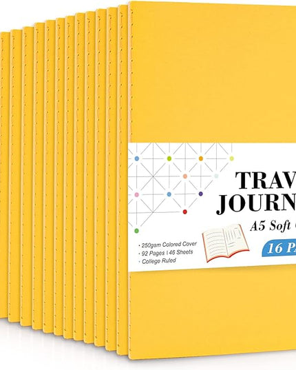 16 Pack Soft Cover Journal Bulk, Feela Lined Notebooks College Ruled for Work for Women Girl Writing, Blank Travel Journal Note Taking Notebook School Business Supplies, 8.2” x 5.5”, A5, Yellow