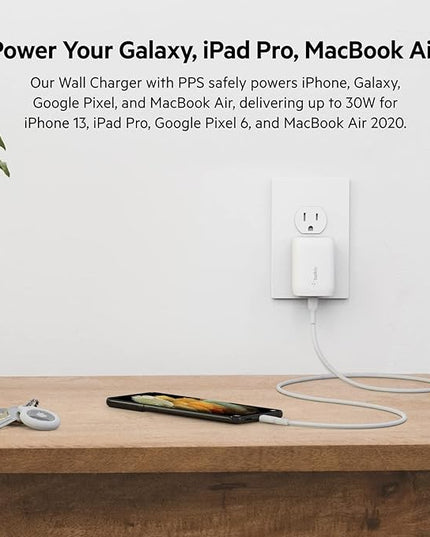 Belkin USB C Charger Block 30W, Fast Charging - iPhone 17, Air, Pro, Pro Max, Samsung Galaxy S25, iPad, AirPods, Apple Watch, Nintendo Switch 2 & More - White