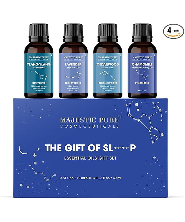 Majestic Pure, Restful Night Essential Oil Gift Set | 100% Pure & Natural Set for Soothing Nighttime and Self-Care Rituals | Lavender, Ylang Ylang, Cedarwood, Chamomile - Pack of 4