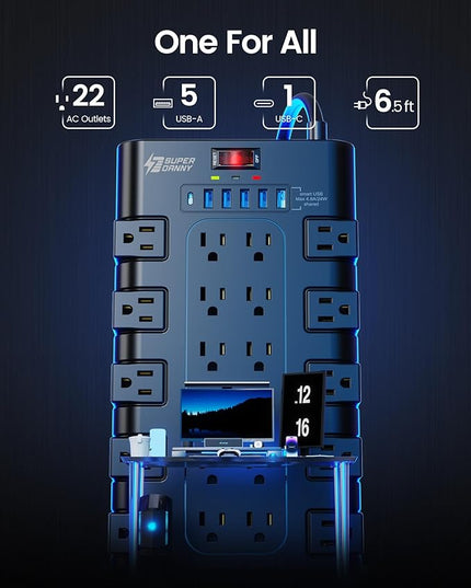 Power Strip, SUPERDANNY Surge Protector with 22 AC Outlets and 6 USB Charging Ports, 1875W/15A, 2100 Joules, 6.5Ft Flat Plug Heavy Duty Extension Cord for Home, Office, Dorm, Gaming Room, Black