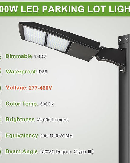 480V 300W LED Shoebox Light, LED Parking Lot Pole Lightis, Outdoor LED Area Light 1000W MH/HPS Equiv. Surge Protector, 1-10V Dim, 42000LM 5000k DLC UL cUL 277-480V Direct Arms Mount