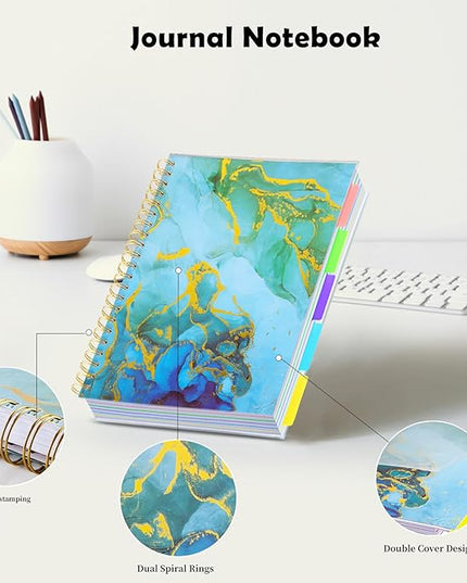 5 Subject Notebook College Ruled, A5 Spiral Notebook with Removable Pocket Dividers Tabs, Lined Organizer Notebook Journal for Women, 240 Pages Notebooks for Work School Note Taking, Blue Marble