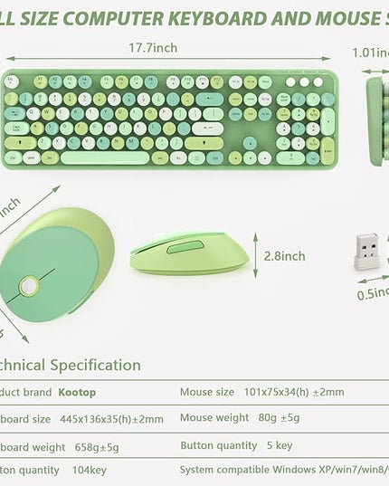 Wireless Keyboard and Mouse Combo, Cute Colorful 104-Key Typewriter Retro Round Keycaps Keyboard for PC Laptop,Windows,Desktop,Perfer for Home and Office Keyboards (Green)