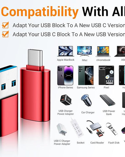 Temdan USB to USB C Adapter,Car Charger OTG Converter Compatible with MacBook Pro Air 2024,Samsung Notebook and More Type C,for iPhone 17 16 15 Air Plus Pro Max,OTG Adapters - Red