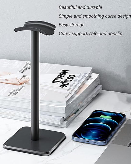 Headphone Stand, Rounded Corner Headset Holder, Anti Slip Base, TPU Tray, Aluminum Supporting Bar Headset Holder for Home Gaming Office (Black)