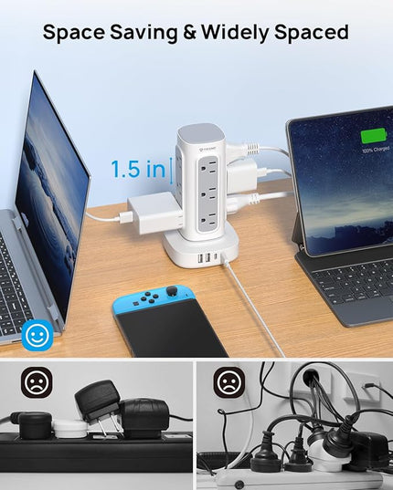 TROND Surge Protector Power Strip Tower - 10ft Flat Plug Extension Cord with Multiple Outlets, 4 USB Ports, Vertical Charging Station, 1700 J, Home Office Desk Supplies, Dorm Room Essentials, White