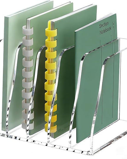 YUXUN Clear Acrylic File Folder Holder - 5 Vertical Compartments Desk Document Sorter, Upright Magazine Rack for Office/Home/Classroom, Stores Documents, Tablets, Magazines, Books & Accessories