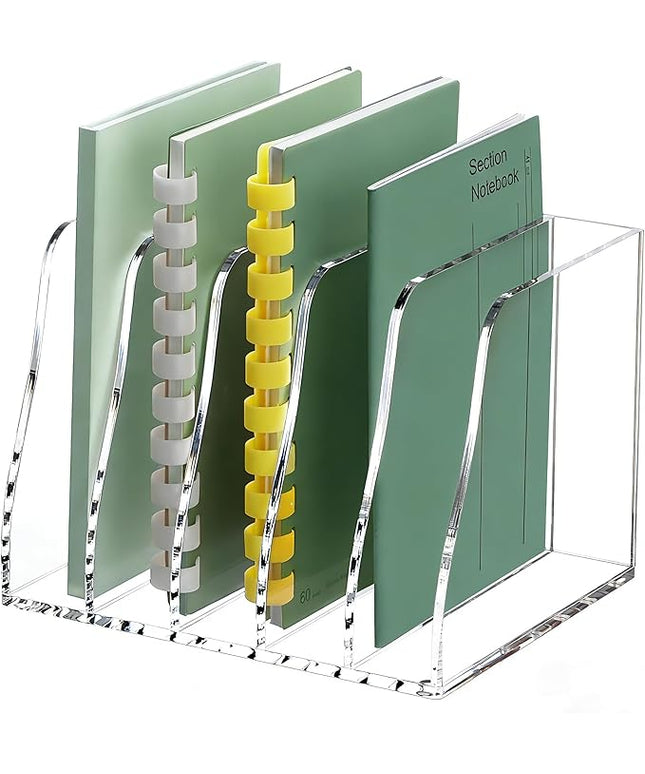 YUXUN Clear Acrylic File Folder Holder - 5 Vertical Compartments Desk Document Sorter, Upright Magazine Rack for Office/Home/Classroom, Stores Documents, Tablets, Magazines, Books & Accessories