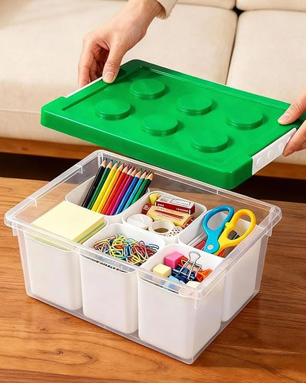 loobuu Plastic Storage Bins with Lids, Art Craft Supply Organizer Box with Brush Pot, Multipurpose Stackable Storage Containers for Organizing Tool, Craft, Crayon,Sewing (Green)