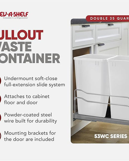 Rev-A-Shelf Double Trash Can Under Kitchen Cabinets Pullout, 35 Quart 8.75 Gallon with Soft-Close Slides, White, 53WC-1835SCDM-211