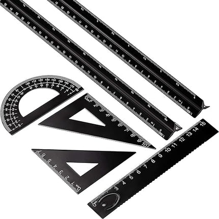 6 Pcs Triangular Ruler Set 12 Inch Engineering Scale Aluminum Architect Drafting Ruler Metal Protractor Arquitectura Accessories for Students Draftsman Engineers Metric(Black)