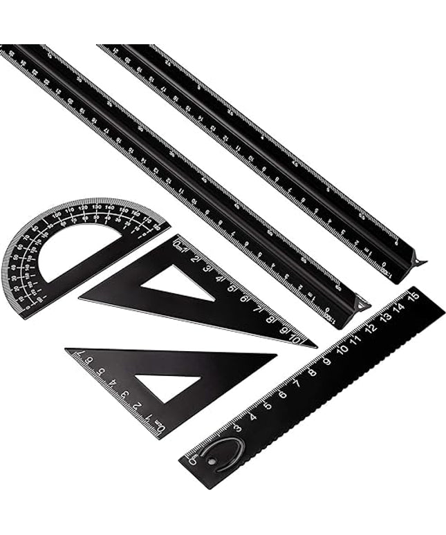 6 Pcs Triangular Ruler Set 12 Inch Engineering Scale Aluminum Architect Drafting Ruler Metal Protractor Arquitectura Accessories for Students Draftsman Engineers Metric(Black)
